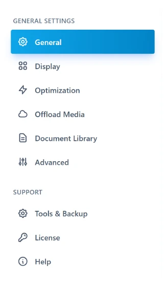 Sigma Media Manager general settings sidebar — folders, optimization, and document library options