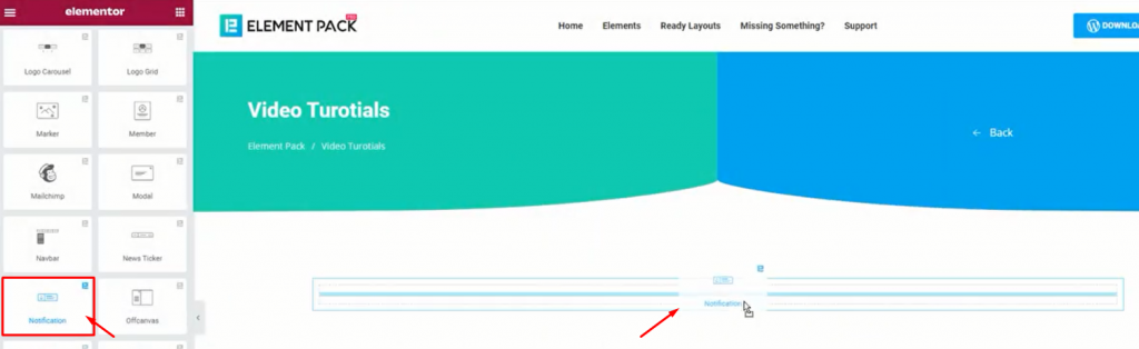 inserting Notification widget for Elementor