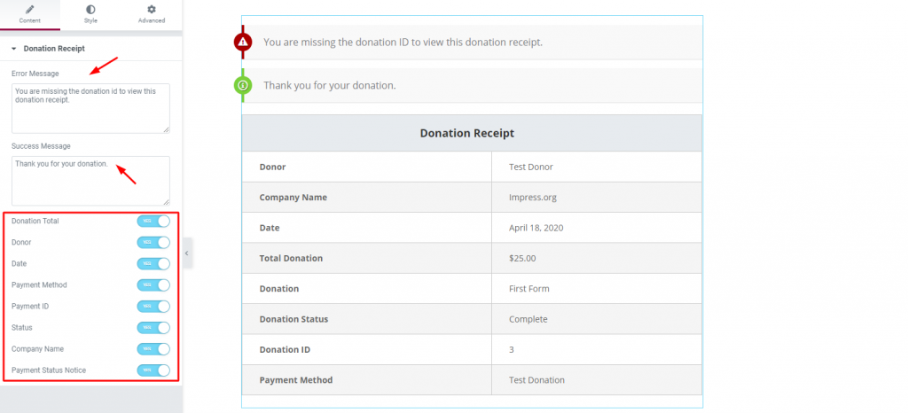 settings of the donation reciept