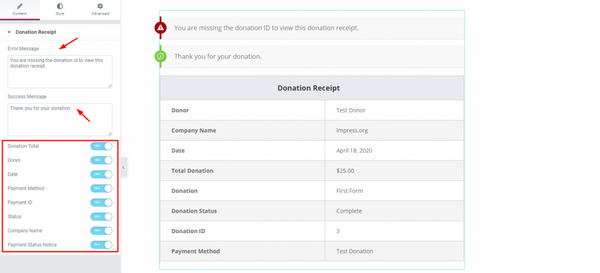 settings of the donation reciept
