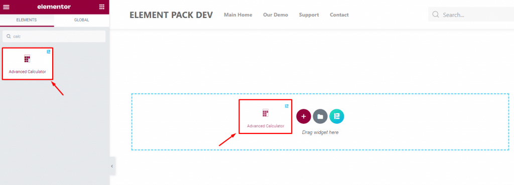 Inserting the Advanced Calculator widget in Elementor