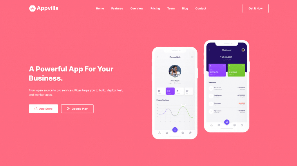Appvilla- best free one page elementor templates