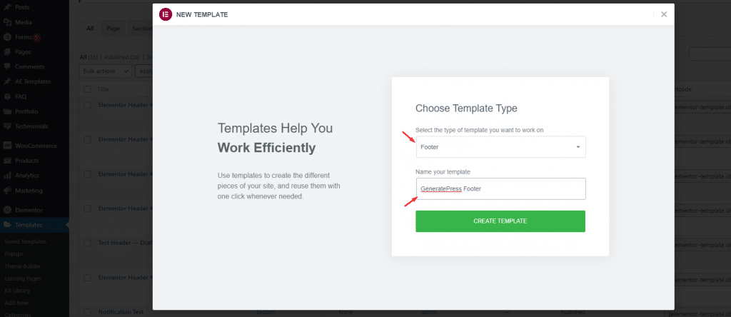 How to create the footer in GeneratePress using Elementor