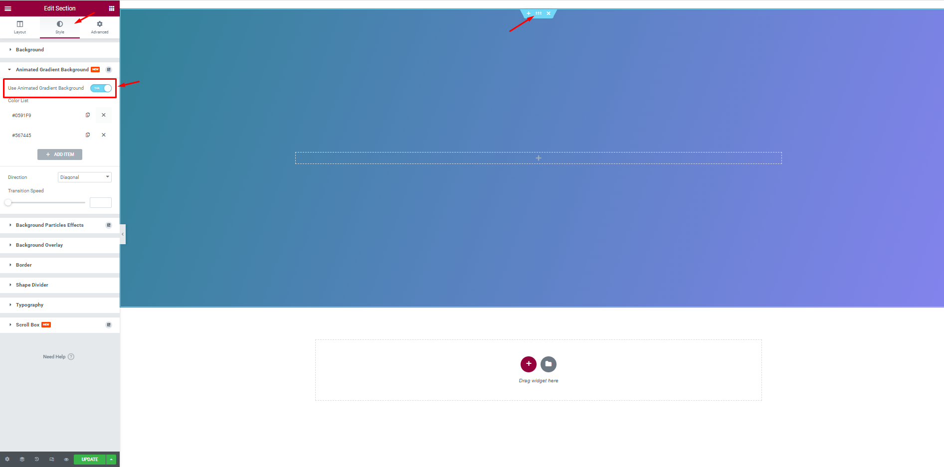 How to use Animated Gradient Background extension of Element Pack Pro