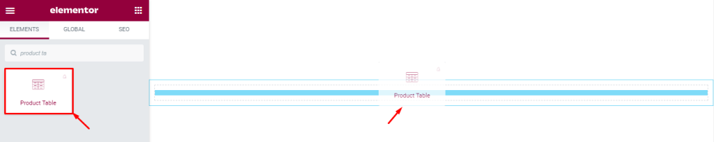 product table widget insert