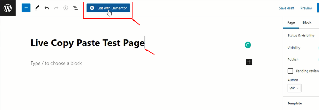 Clicking on the Edit with Elementor button inside the Gutenberg editor
