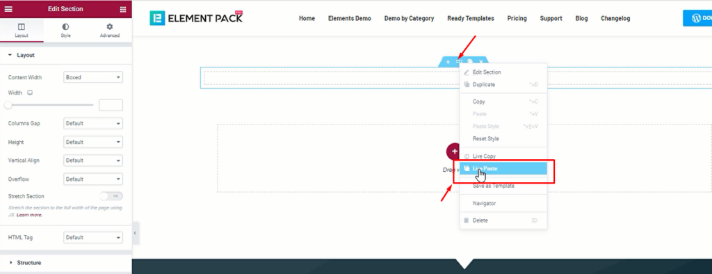 going into the section settings to click on the Live Paste option