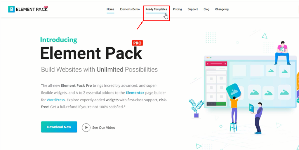 Element Pack website has a ready template menu