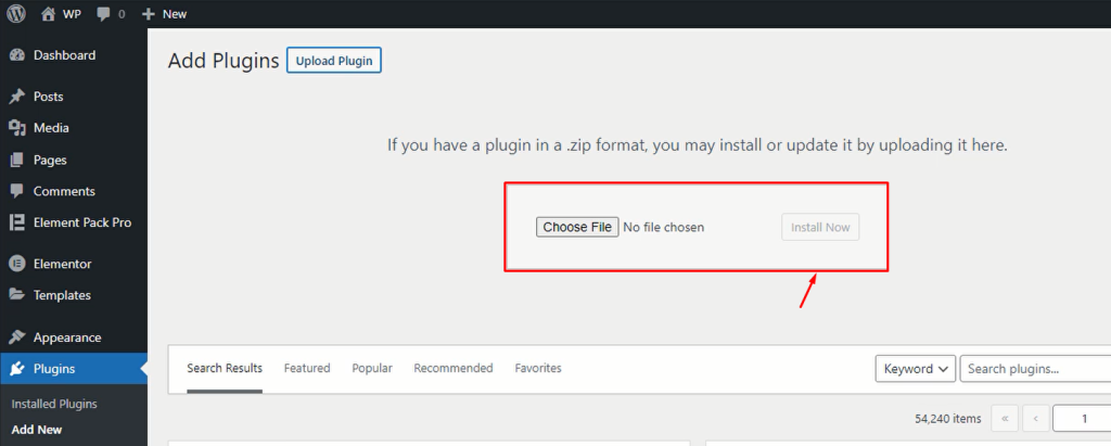 clicking on the choose file button for the upload plugin option