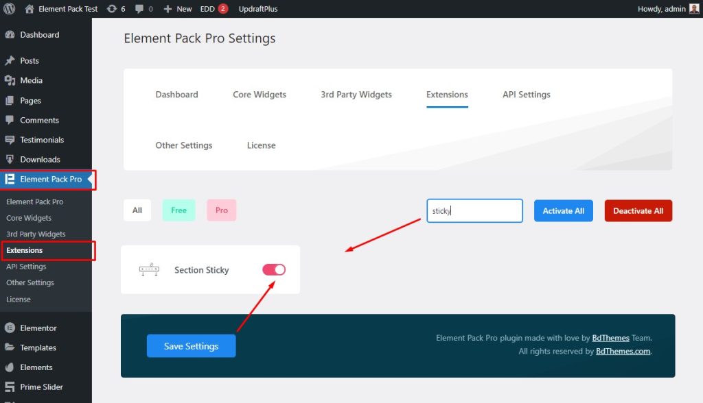 Make sticky header using Element Pack Pro