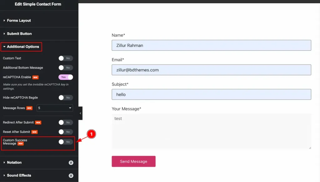 Custom success message on additonal options - BdThemes