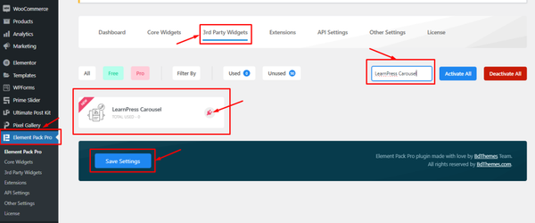 find the LearnPress Carousel widget in Element Pack Pro dashboard and then install the widget using the tiny plugin icon on it.