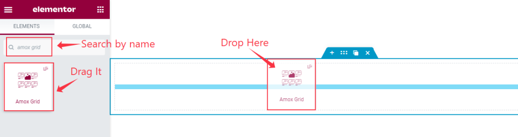 inserting amox grid widget into an elementor editor page