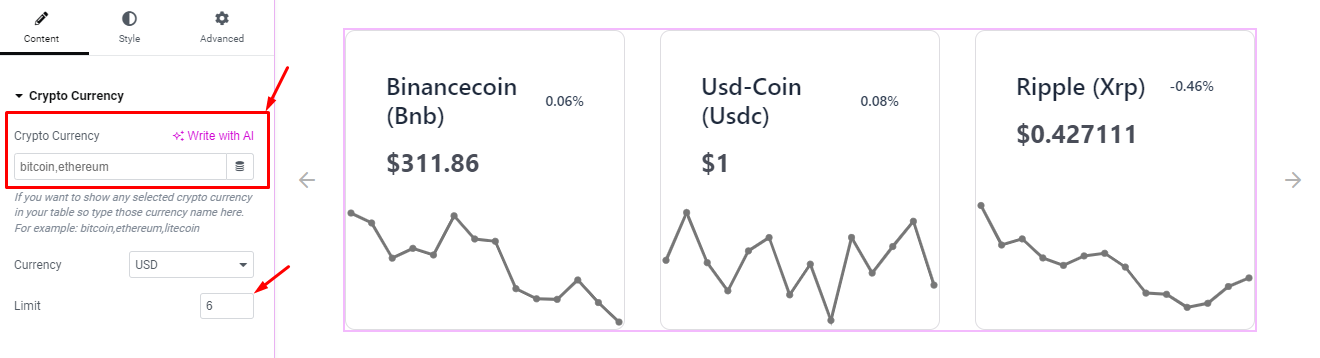 How to use Crypto Currency Chart Carousel widget