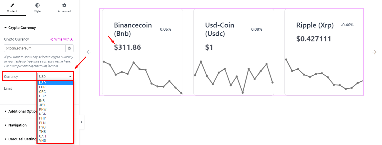 How to use Crypto Currency Chart Carousel widget