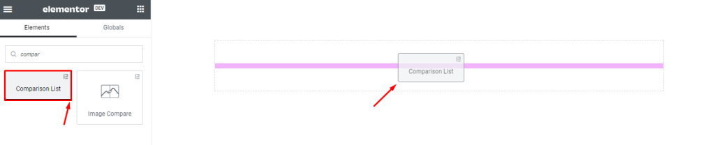 comparison list widget inserting