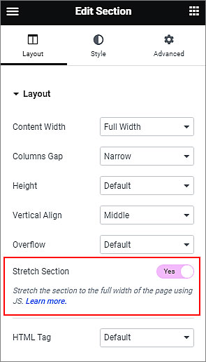 stretch section settings check
