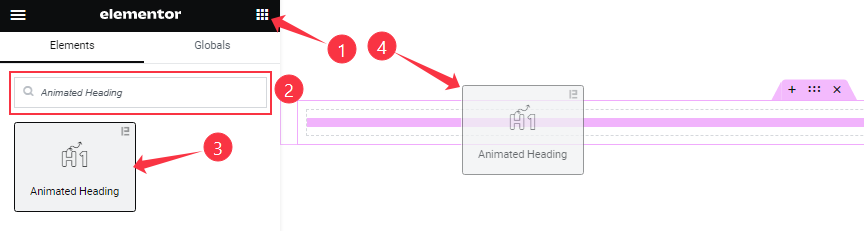 Inserting The Animated Heading Widget process is displayed in this image