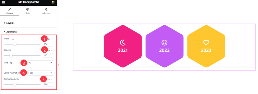 The image is showing the additional settings such as width, spacing, title tag, Content Animation Type, and Animation delay options to customize the honeycombs