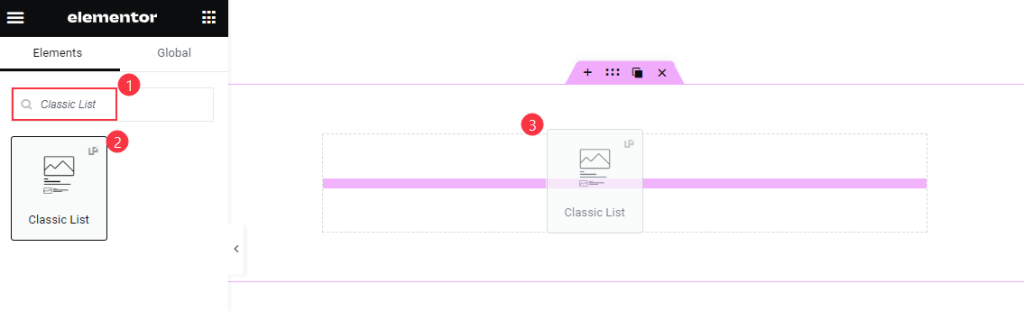 inserting Classic list widget from the menu