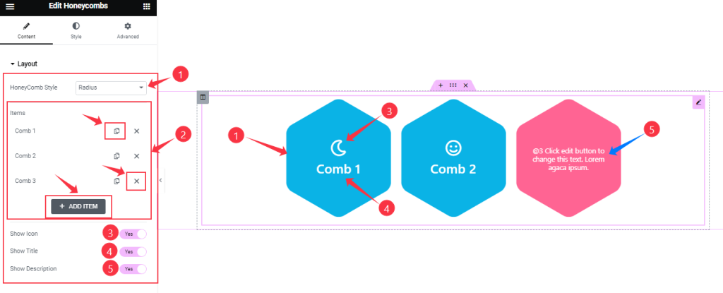 This image is showing the Layout section controls of the Honeycombs widget with markings for a better understanding