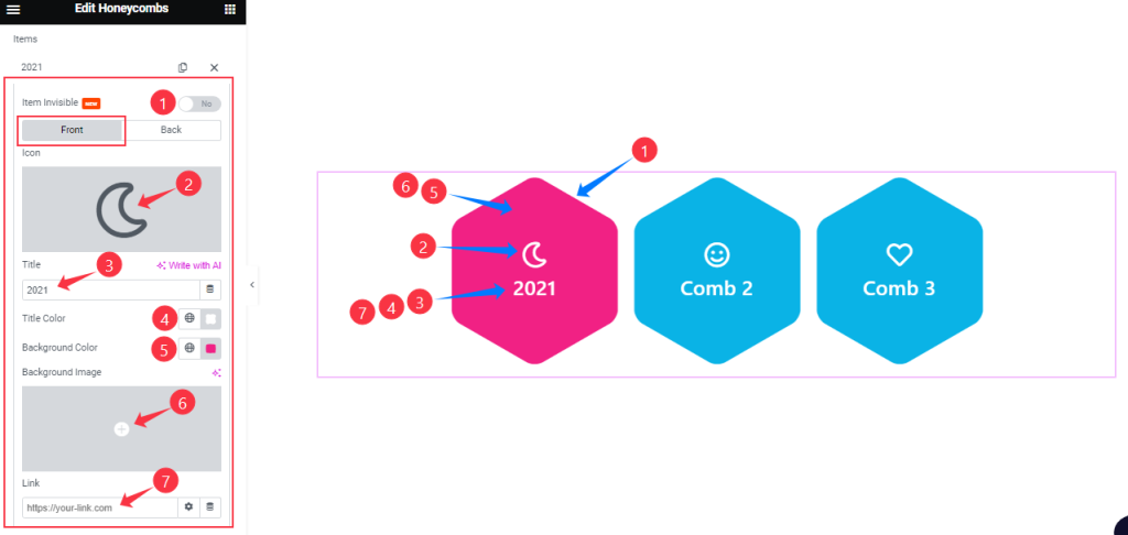 This image is explaining the Honeycombs widget item settings within the first subsection named Front