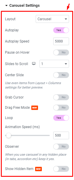 WC Carousel - Carousel settings section