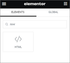 search HTML in elementor widget panel