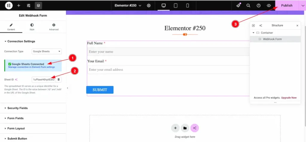Set the Google Sheet ID in the Webhook Form Widget