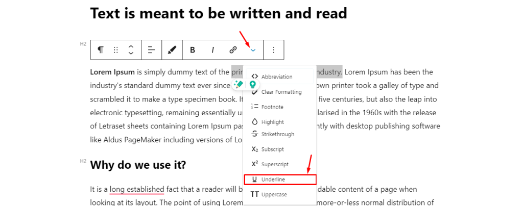 Give underline with gutenburg block editor toolkit plugin
