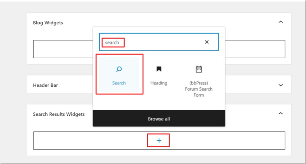 add search bar widget in the widget from Wordpress Gutenburg - BdThemes