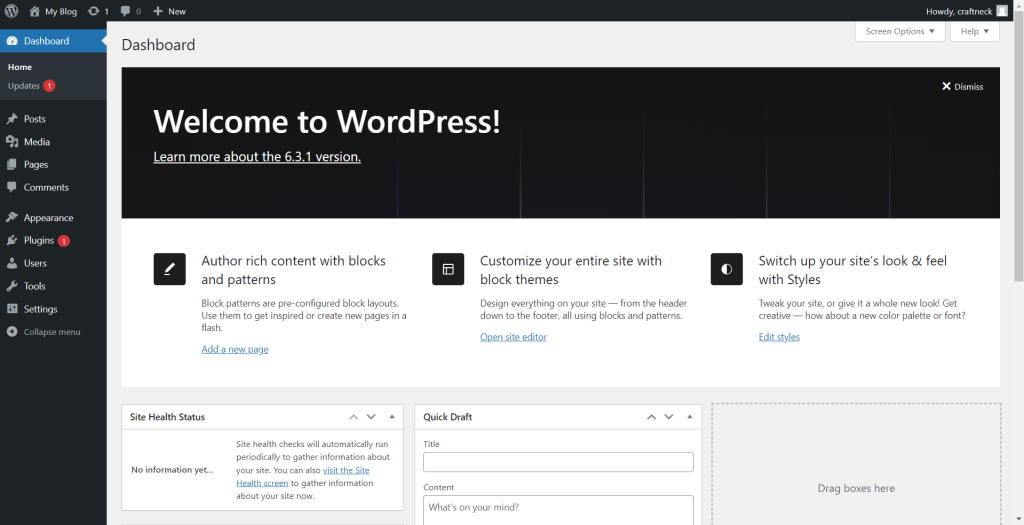 wordpress 6.3.1 welcome dashboard 