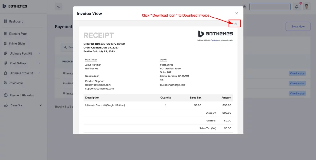 download invoice - BdThemes