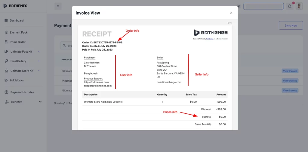 invoices view - BdThemes