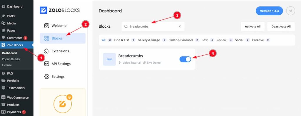 Enable the BreadCrumbs Block