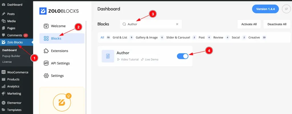 Enable the Authors Block