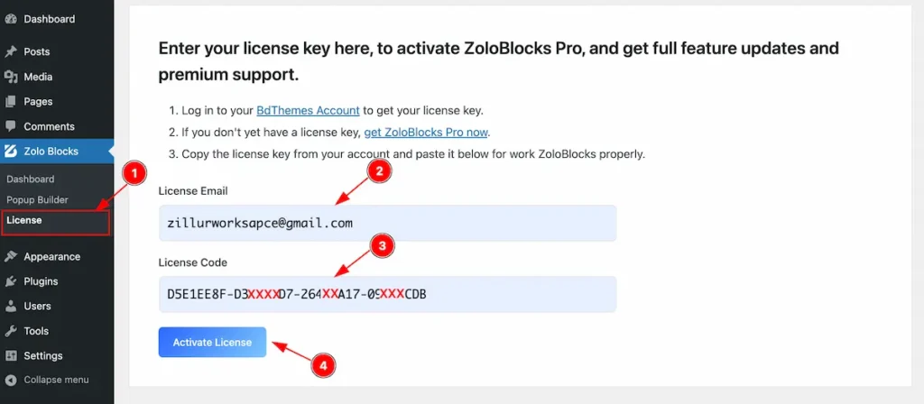 activate zoloblocks license key - BdThemes