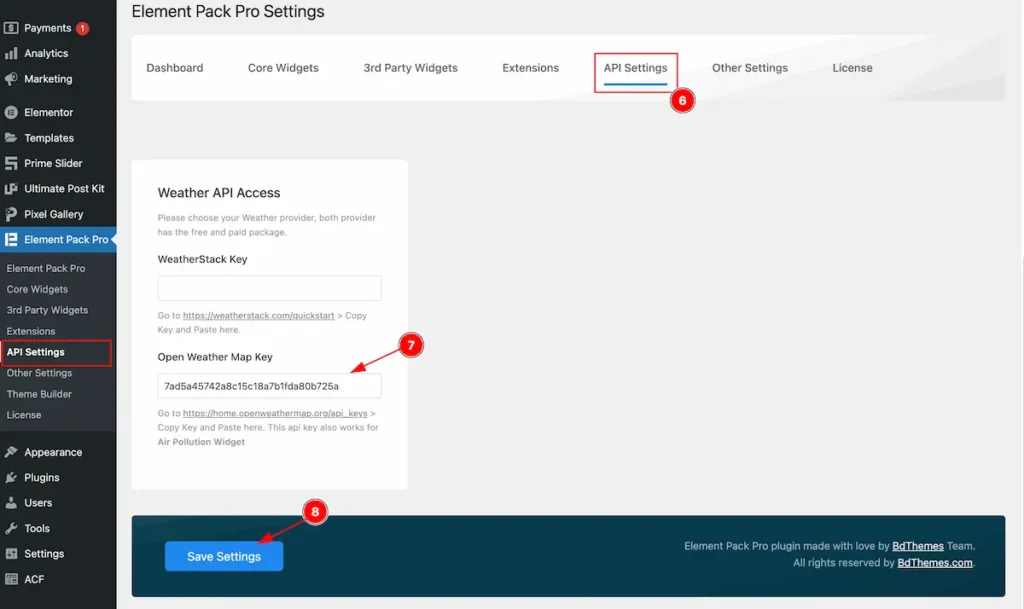 set the api key on api settings - BdThemes