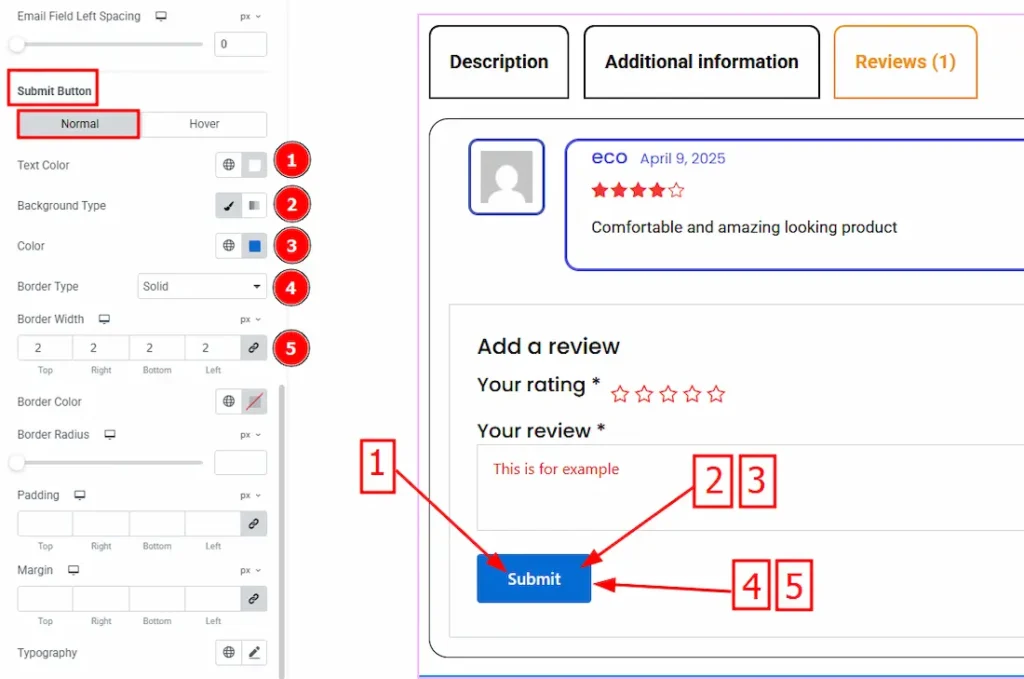 How to use the Product Tabs widget by Ultimate Store Kit 20 Submit Button Normal 01 - BdThemes