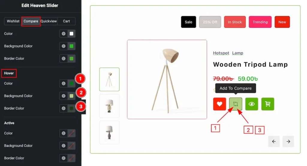 How to use Heaven Slider widget by Ultimate Store Kit Pro 36 action btn compare hover - BdThemes
