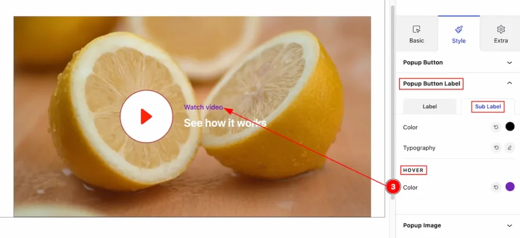How To Use The Video Block By Zoloblocks 22 popup button label sub label hover - BdThemes