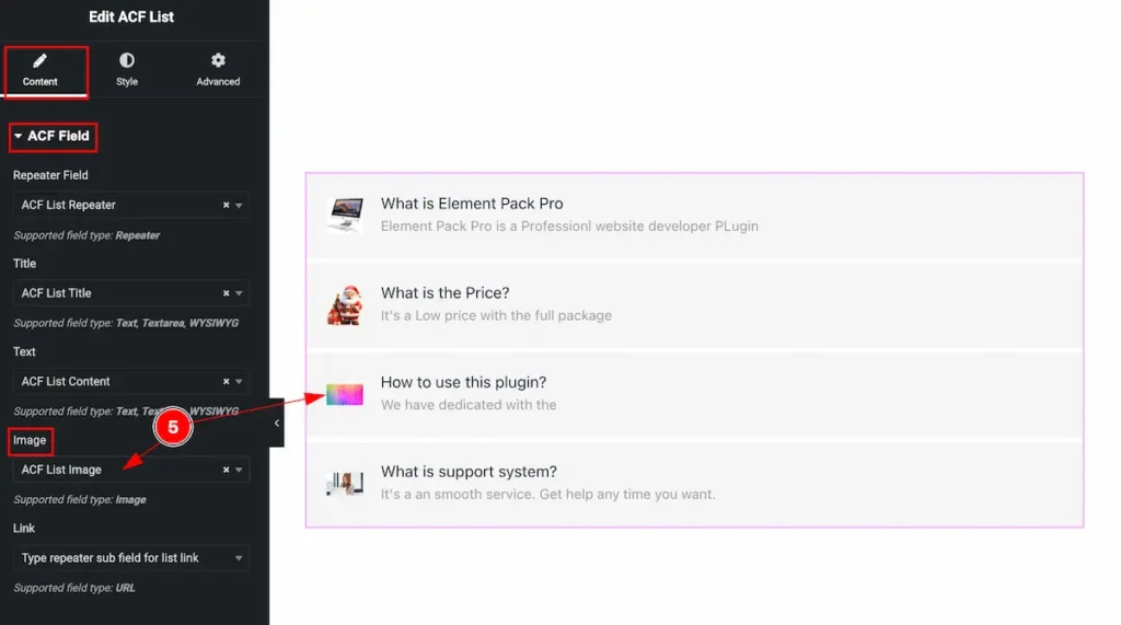 How to use ACF List Widget by Element Pack Pro 16 Image select - BdThemes