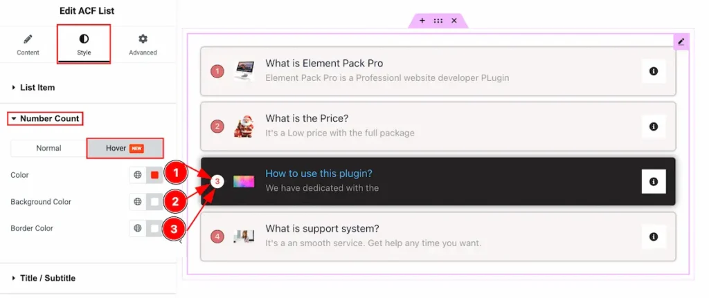 How to use ACF List Widget by Element Pack Pro 27 Number count hover - BdThemes