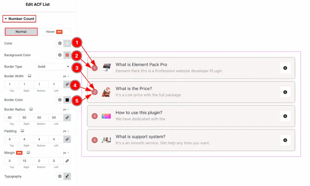 How to use ACF List Widget by Element Pack Pro 25 Number count normal - BdThemes