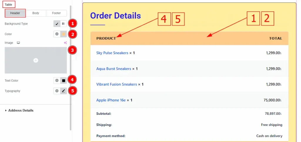 Order Deatils Table Header - BdThemes