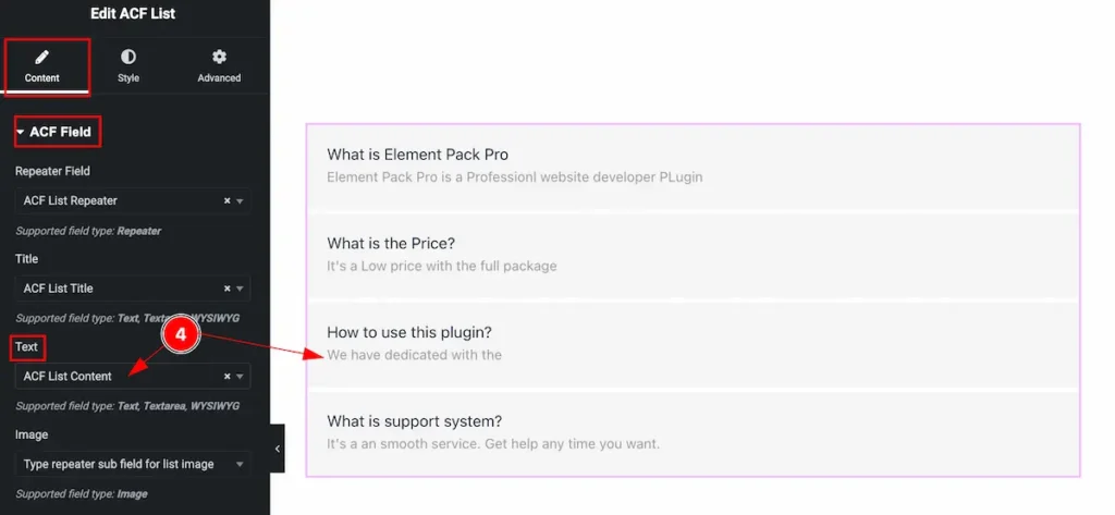 How to use ACF List Widget by Element Pack Pro 15 Text select - BdThemes