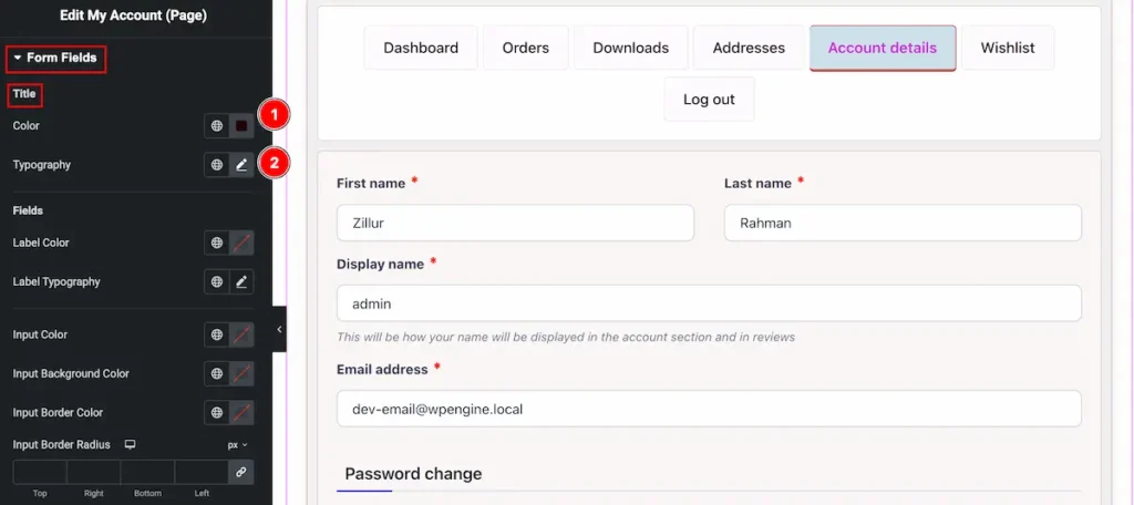 How to use My Account Page widget by Ultimate Store Kit Pro 49 form fields title - BdThemes