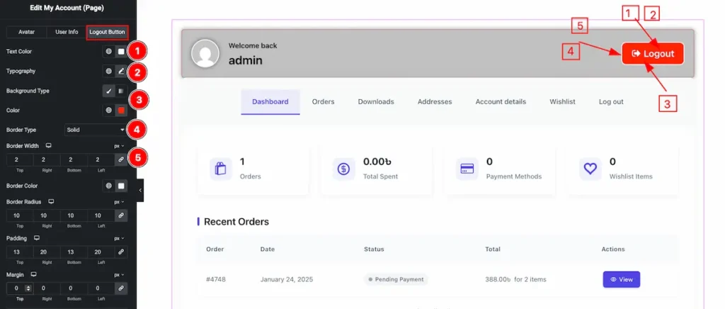 How to use My Account Page widget by Ultimate Store Kit Pro 25 my account header logout - BdThemes
