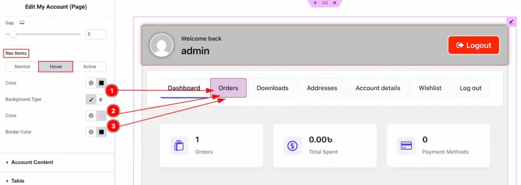 How to use My Account Page widget by Ultimate Store Kit Pro 32 nav items hover - BdThemes