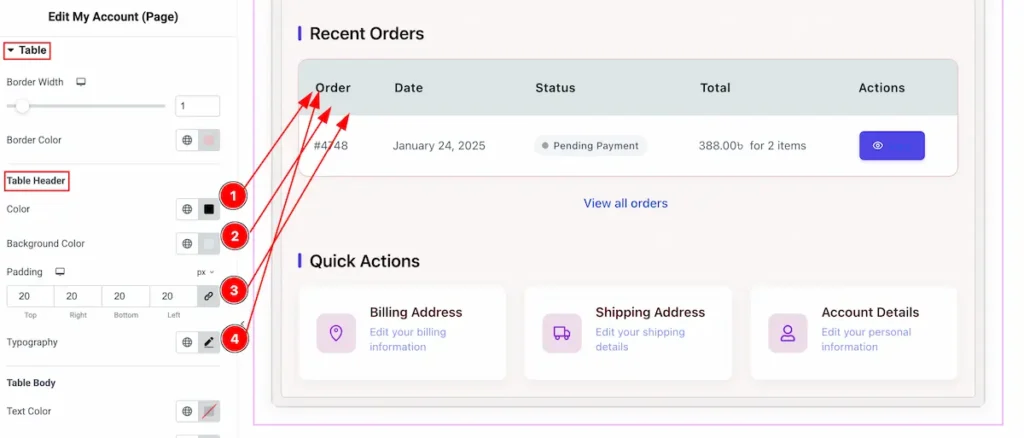 How to use My Account Page widget by Ultimate Store Kit Pro 40 table table header 1 - BdThemes